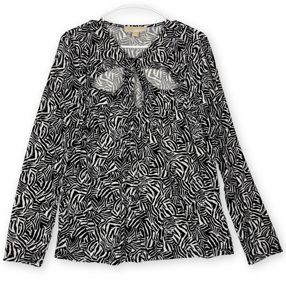 Michael Michael Kors Zebra Print Cutout Knot Top XL Black White Long Sleeve